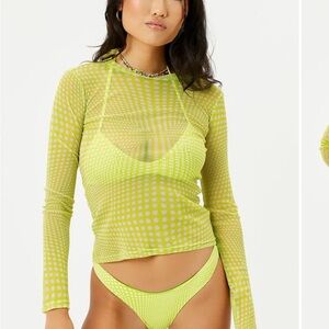Frankie's Bikinis Neon Lime Green Long Sleeve Mesh Dot Top